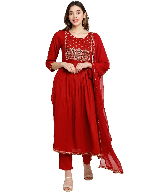 Women's Maroon Rayon Slub Embroidered Kurta With Trouser & Dupatta  (Semistitched (SKD) ) - Aastha Fashion Trousers Exclusive Limited