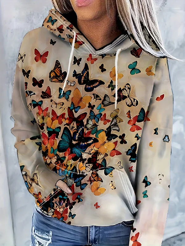 Vibrant Butterfly Print Kangaroo Pocket Hoodie - Soft, Casual, Long Sleeve Drawstring Sweatshirt with Relaxed Fit - Women's Comfy Clothing for Everyday Wear Hoodie Crop Top Short Trendy