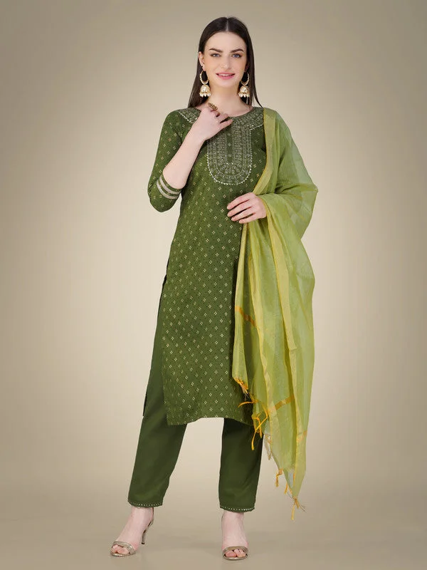 Women's Mehendi Cotton Magic Slub Embroidery & Sequence Work Kurta With Trouser & Dupatta  (stitched 40 size, Alt 38 to 44 size) - Aastha Fashion Trousers fashionable chic