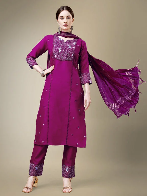 Women's Purple Cotton Blend Embroidery & Fancy Lace Work Kurta With Trouser & Dupatta  (Stitched ) - Aastha Fashion Trousers Cargo Utility