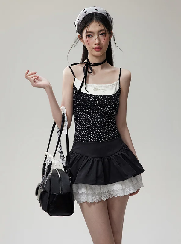 White Inner Docking Floral Pattern Camisole & Lace Mini Skirt NTO0077 tulle skirt dreamy