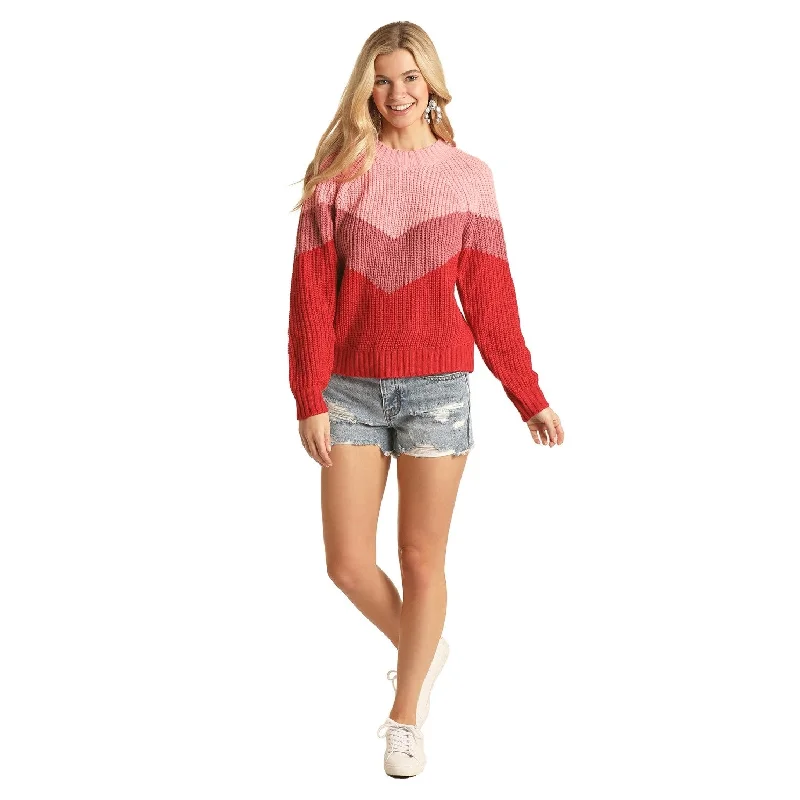 Rock & Roll Cowgirl® Ladies Red Chevron Colorblock Sweater 46-3218 Collared Crew Neck Turtle Neck