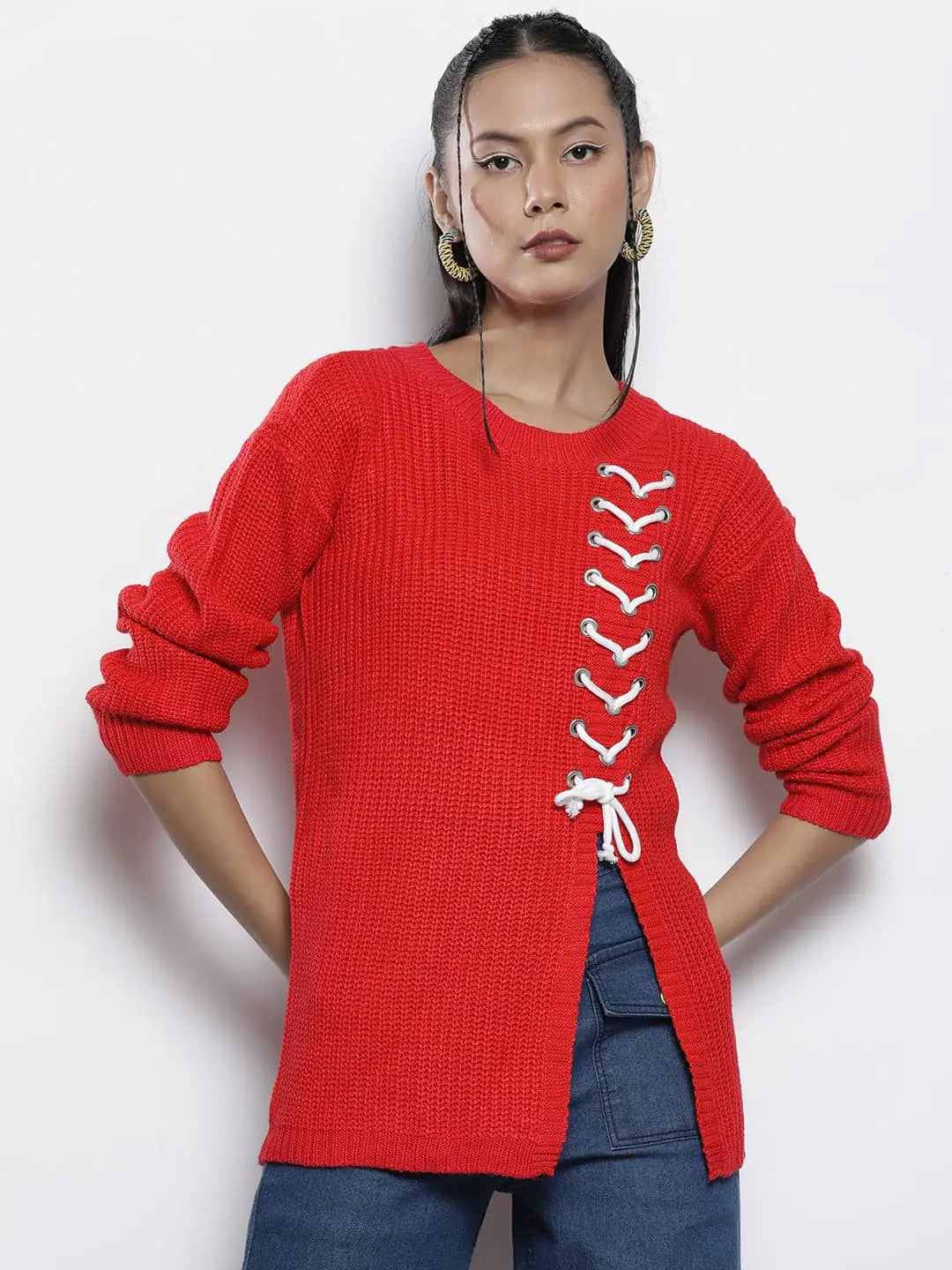 Women Red Knitted Round Neck Full Sleeves Sweater Machine Wash Dry Clean Hand Wash