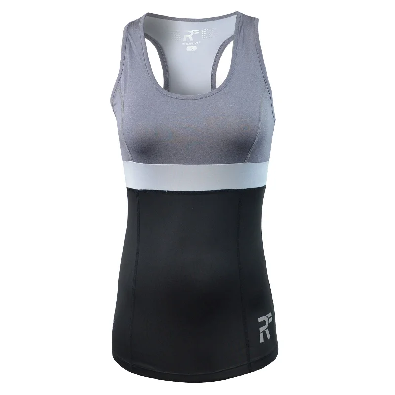 RunFlyte Women's Chakra II Tank Top - Fitted - Moisture Wicking - Charcoal/Black cutout tank top