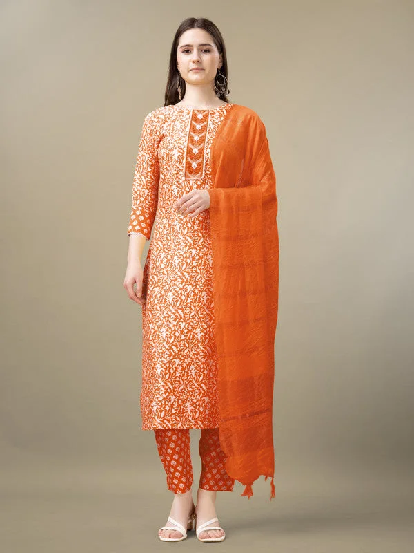 Women's Orange Rayon Embroidery & Sequence Work Kurta With Trouser & Dupatta  (stitched 40 size, Alt 38 to 44 size) - Aastha Fashion Trousers sophisticated sleek