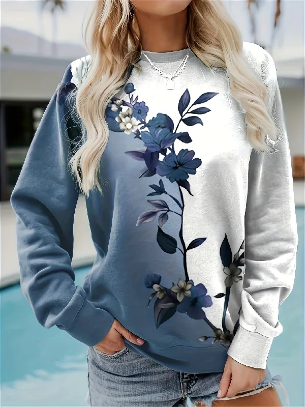 Vibrant Floral Print Long Sleeve Pullover Sweatshirt - Soft, Cozy, and Casual Crew Neck Design for Fall and Winter - Women's Comfortable Clothing for Everyday Wear Hoodie with Fur Luxurious Winter