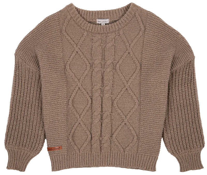 Preppy Sweater Taupe Women's Simply Southern Cable Knit Ribbed Knit Lace Knit