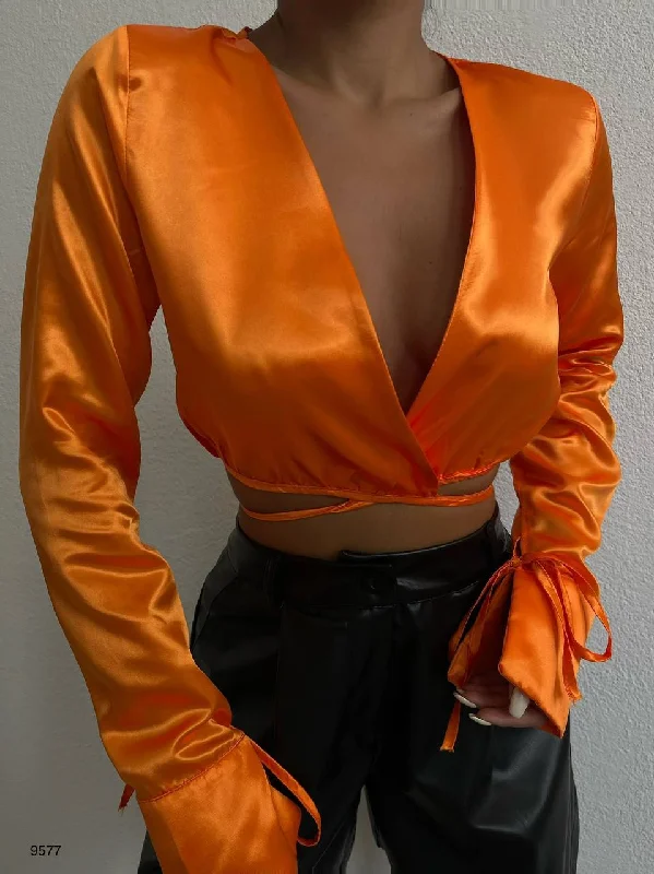 Flaming Girl Tie Detail Crop Top Zippered Front Buttoned Front Snap Front