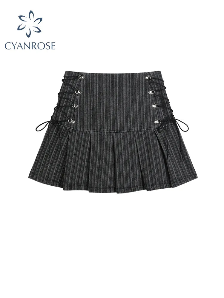 Y2k Pleated Skirt Women Sexy High Waist Grey Stripe Bandage Mini Skirts 2022 Summer New A Line Skirt Vintage Harajuku Streetwar cashmere skirt soft