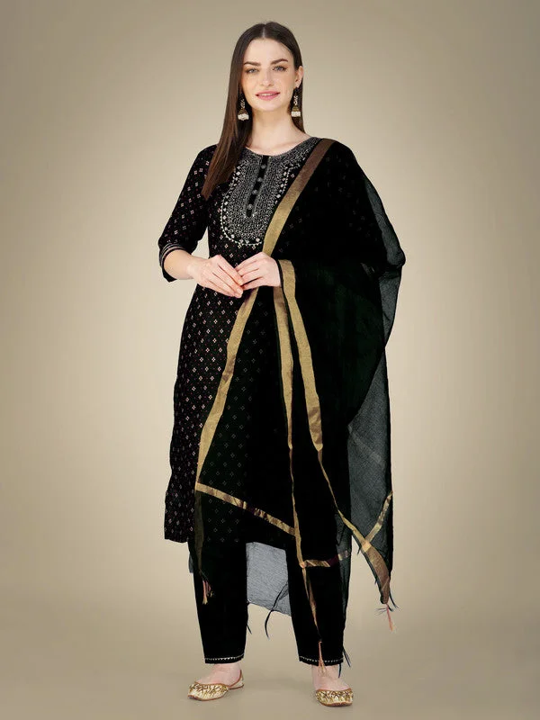 Women's Black Cotton Magic Slub Embroidery & Sequence Work Kurta With Trouser & Dupatta  (Stitched ) - Aastha Fashion Cropped Trousers Casual Linen