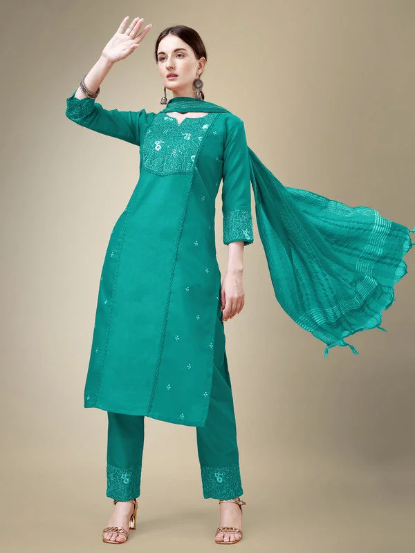 Women's Rama Cotton Blend Embroidery & Fancy Lace Work Kurta With Trouser & Dupatta  (Stitched ) - Aastha Fashion Trousers Pleated Formal