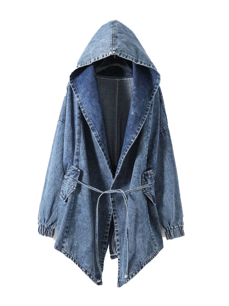 Denim Oversized Hooded  Jacket Snapped Jacket Toggled Jacket Drawstring Jacket