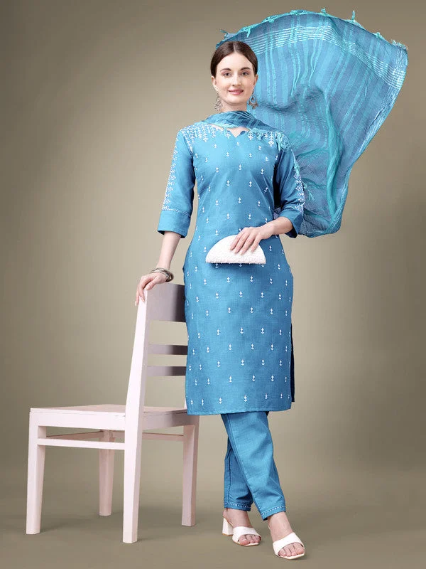 Women's Sky Blue Cotton Blend Embroidery & Sequence Work Kurta With Trouser & Dupatta  (Stitched ) - Aastha Fashion Trousers High Rise Slim Fit