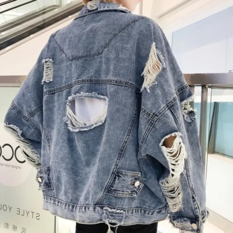 Blue Ripped Denim Jacket Insulated Jacket Fitted Jacket Loose Jacket