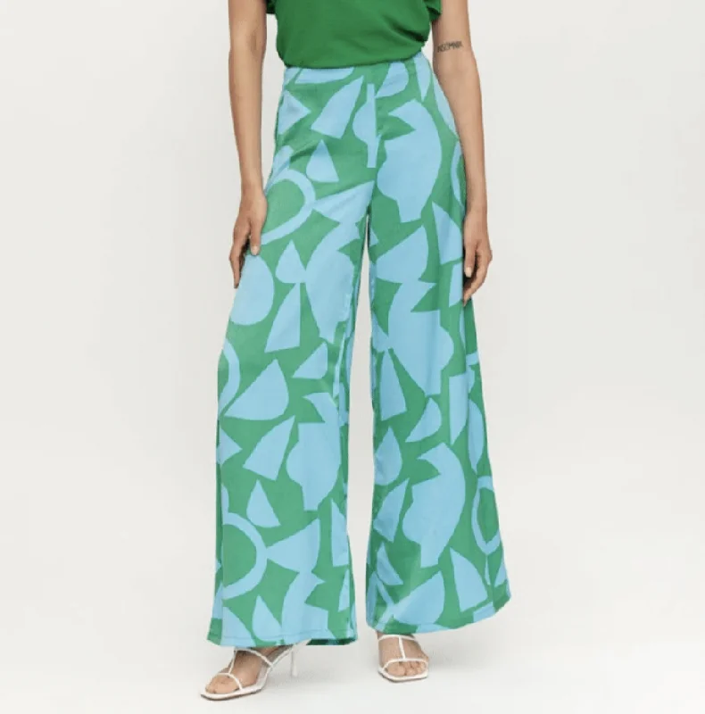 Wide Leg Trouser - Green/Blue Afrik Print Trousers Denim Distressed