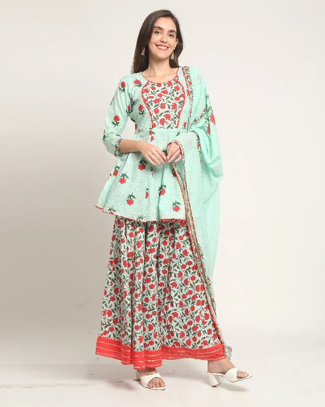 Women's Sea Green Cotton Jaipuri Printed Kurta With Trouser & Dupatta  (Semistitched (SKD) ) - Aastha Fashion Trousers Bridal Satin