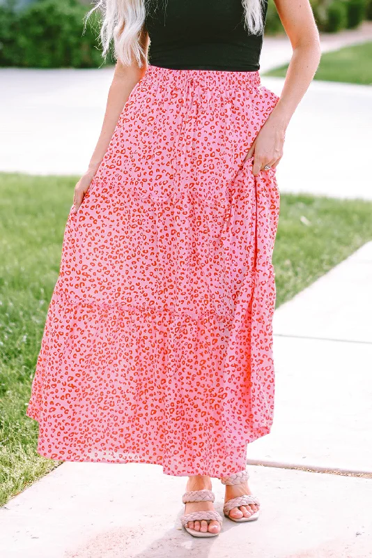 Pink Leopard Print Frilled Drawstring High Waist Maxi Skirt lace skirt delicate