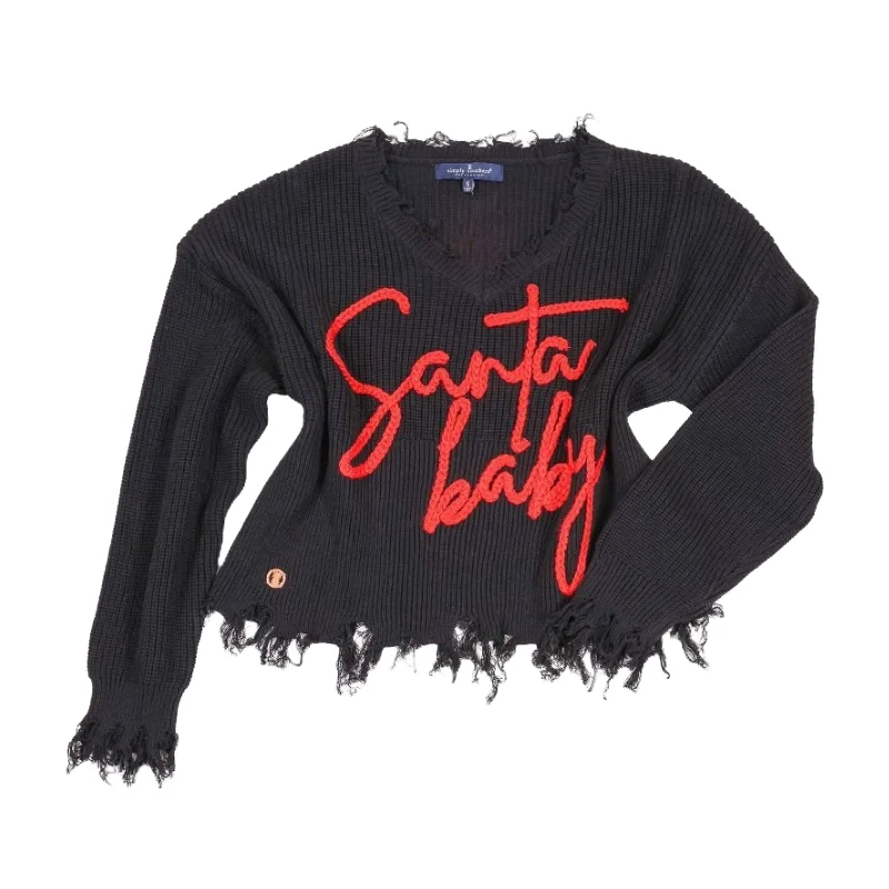 Simply Southern Ladies Santa Baby Black Sweater 0224-SWTR-KNT-VNCK-SANTA Welt Pockets Slit Pockets Flap Pockets