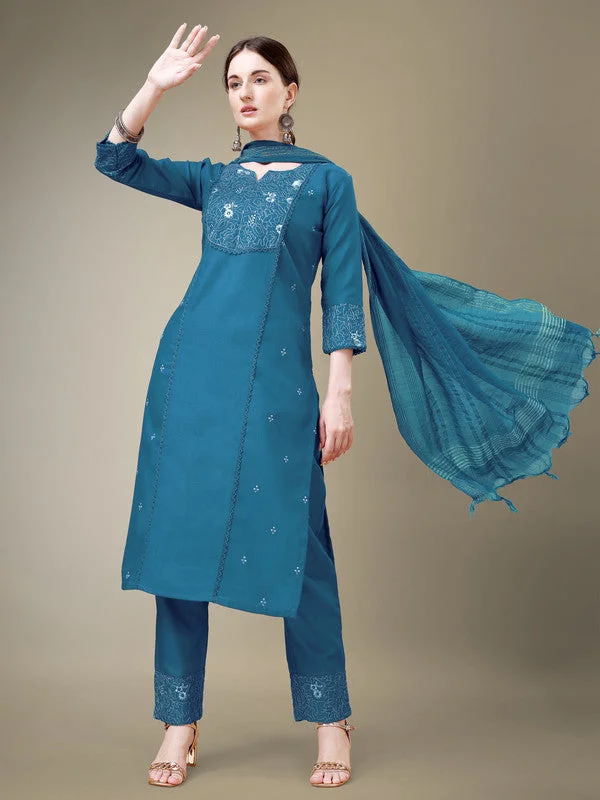 Women's Morpich Cotton Blend Embroidery & Fancy Lace Work Kurta With Trouser & Dupatta  (Stitched ) - Aastha Fashion Trousers Capri Summer