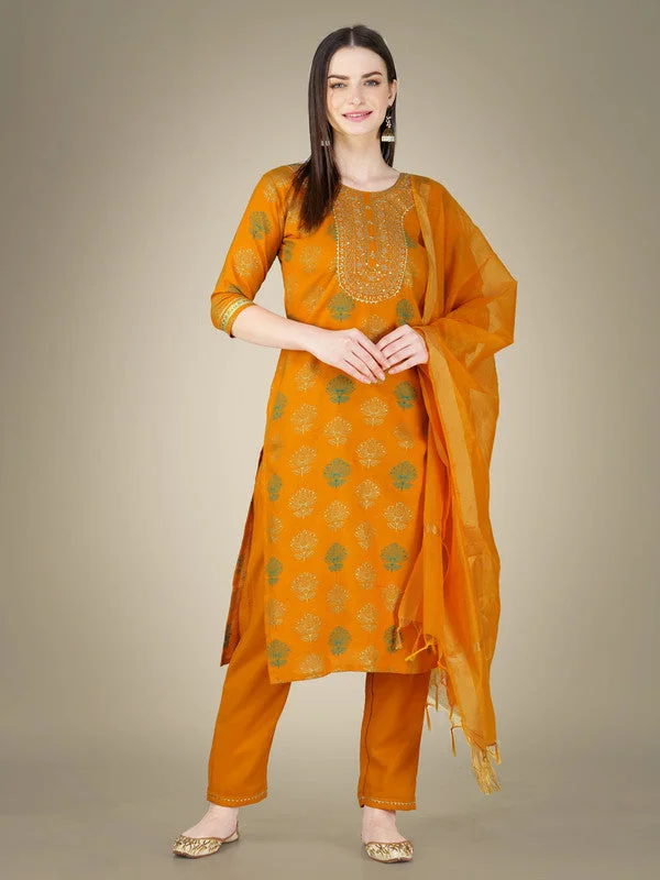 Women's Yellow Cotton Magic Slub Embroidery & Sequence Work Kurta With Trouser & Dupatta  (stitched 40 size, Alt 38 to 44 size) - Aastha Fashion Trousers stylish modern