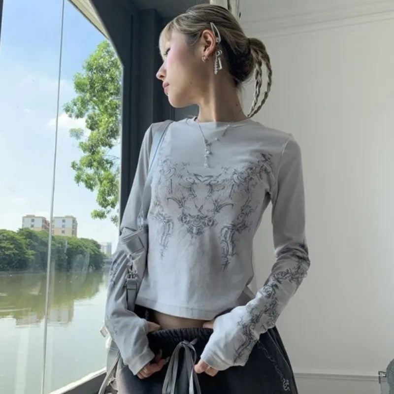 Vintage Women Clothes Y2K T-shirts 2022 Blusas O-neck Long Sleeve Print Tunic Grunge Woman Clothing Fashion Casual Crop Tops EMO Solid Print Embellished