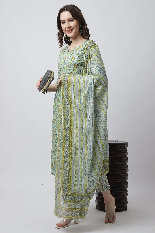 Women's Sea Green Cotton Jaipuri Printed Kurta With Trouser & Dupatta  (Semistitched (SKD) ) - Aastha Fashion Trousers Vintage Classic