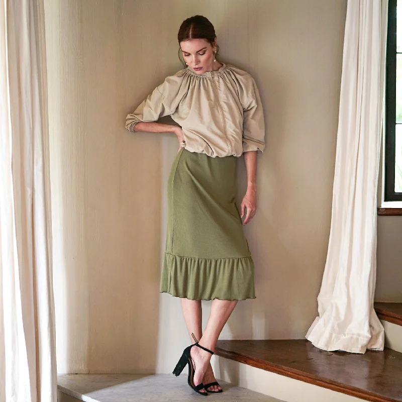 MARJORIE Ruffle Rib Skirt in Moss Green linen skirt airy