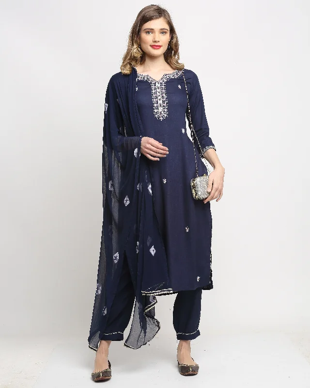 Women's Navy Blue Rayon Slub Jaipuri Printed Kurta With Trouser & Dupatta  (Semistitched (SKD) ) - Aastha Fashion Trousers Modern Contemporary