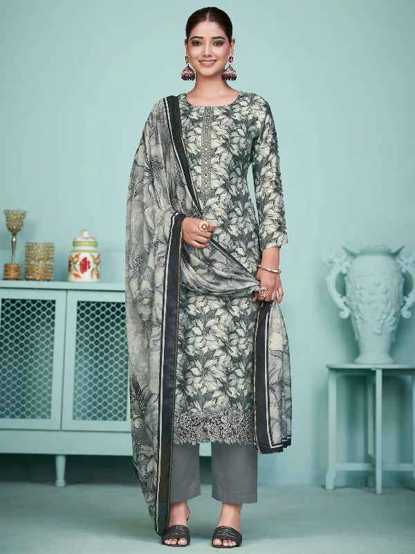 Women's Grey Muslin Digital Print With Resham Thread Work Kurta With Trouser & Dupatta  (Semi-Stitched ) - Aastha Fashion Trousers Polka Dot Cute