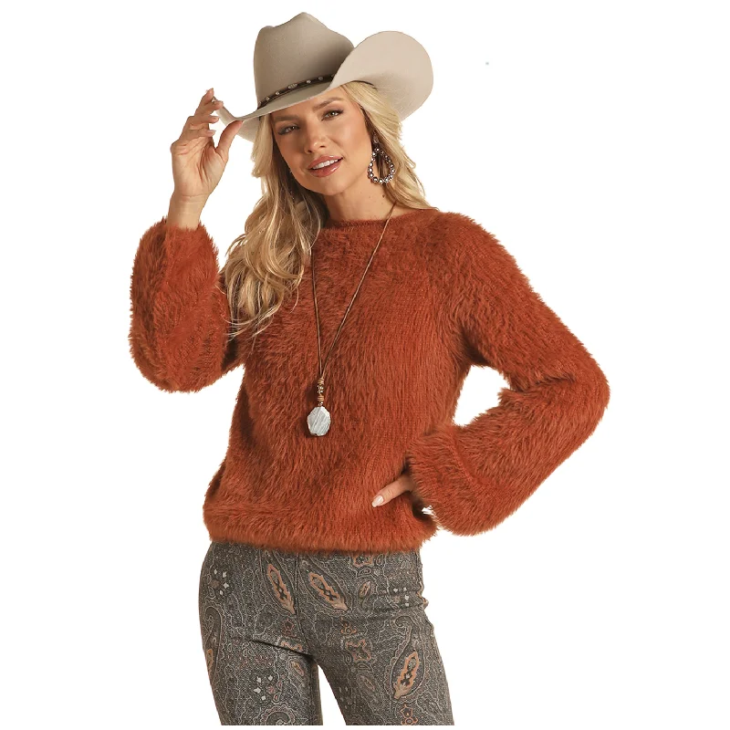 Rock & Roll® Ladies Fuzzy Solid Rust Sweater RRWT32R042-90 Cable Knit Ribbed Knit Lace Knit