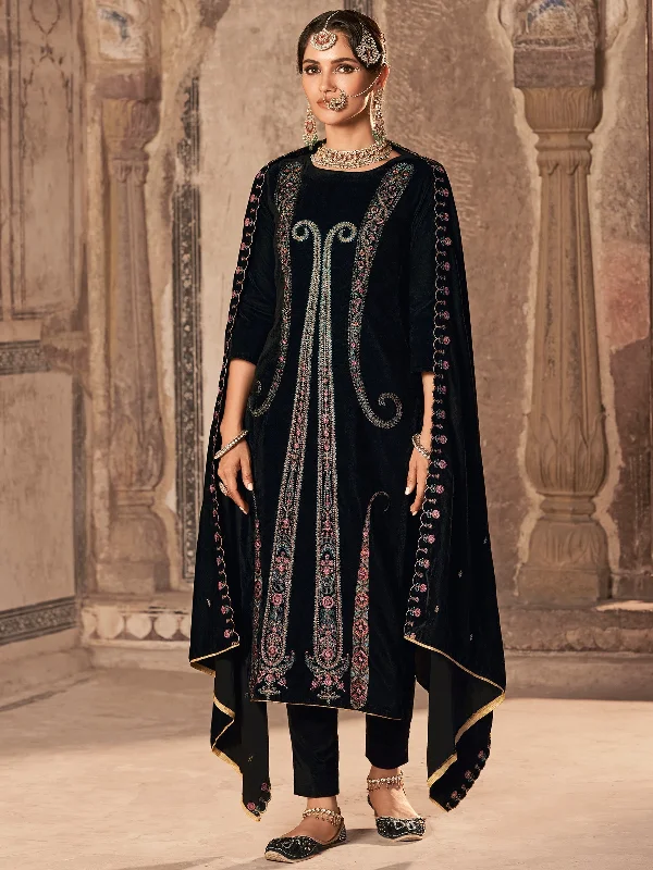 Women's Black Velvet Floral Resham Thread With Jari Work Kurta With Trouser & Dupatta  (Semi-Stitched ) - Aastha Fashion Wide Leg Loose Fit Mid Waist