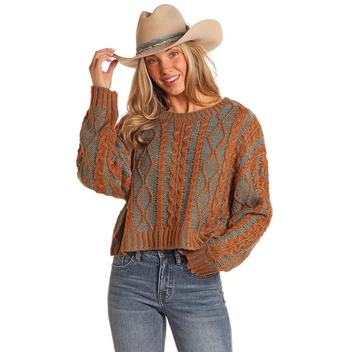 Rock & Roll Denim Ladies Cable Knit Burnt Orange Boxy Sweater BW32T05271-92 Graphic Sweater Embroidered Appliqued