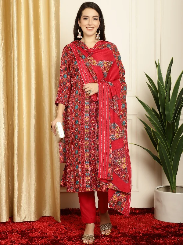 Women's Red Pashmina Floral Digital Printed Kurta With Trouser & Dupatta  (Semi-Stitched ) - Aastha Fashion Trousers Winter Warm