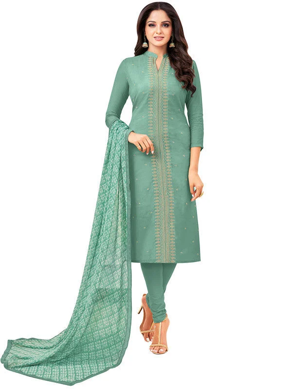 Women's Teal Chanderi Silk Embroidered Kurta With Trouser & Dupatta  (Semistitched (SKD) ) - Aastha Fashion Trousers Evening Elegant