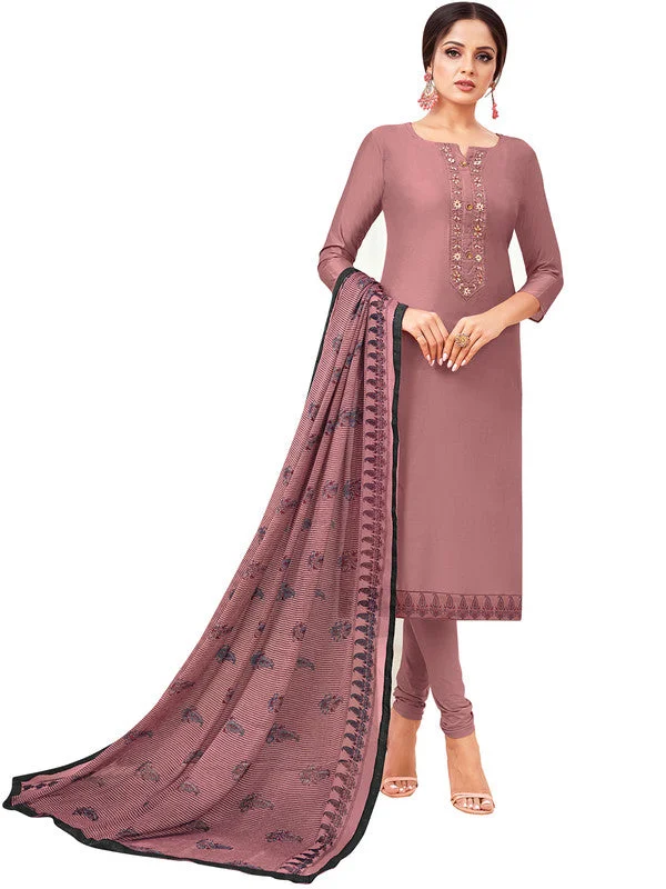 Women's Dusty Pink Chanderi Silk Embroidered Kurta With Trouser & Dupatta  (Semistitched (SKD) ) - Aastha Fashion Trousers Party Sparkling