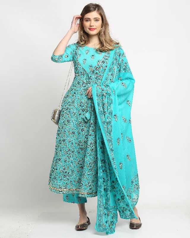 Women's Sky Blue Cotton Floral Printed Kurta With Trouser & Dupatta  (Semistitched (SKD) ) - Aastha Fashion Trousers Essential Wardrobe