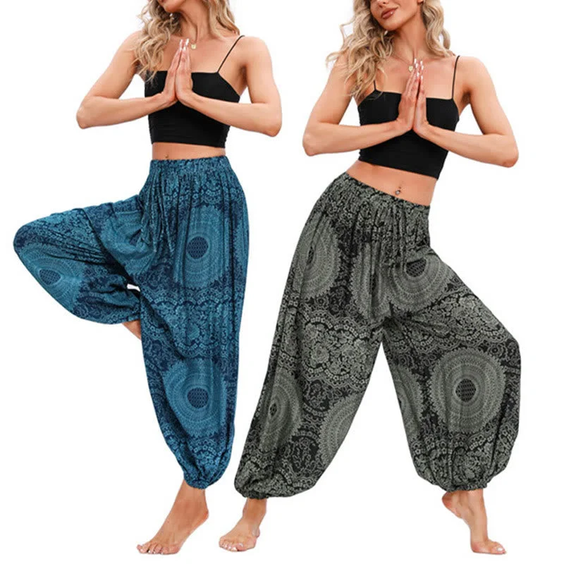 Buddha Stones Casual Loose Round Rose Pattern Harem Trousers Women's Yoga Pants Trousers Mesh Breathable