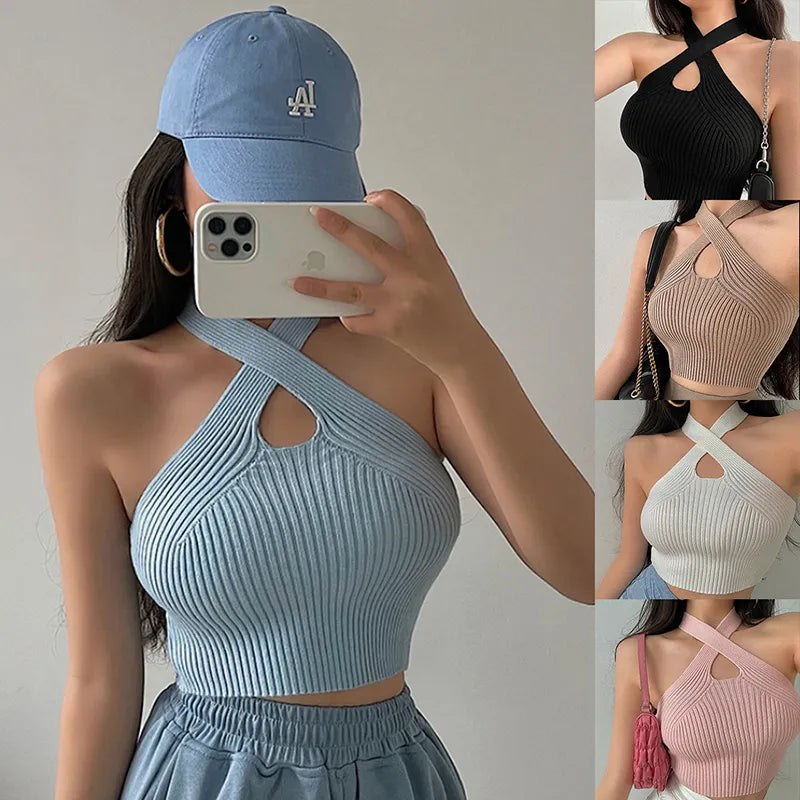 Vest Crop Top Women Halter Tops Female Knitted Off Shoulder Crop Tops Cross Strappy Sexy Tank Tops Tops For Women 2023 Summer Anti-Shrink Durable Soft