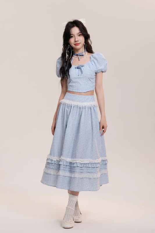 Rose Lace Plaid Puff Sleeve Top/Long Skirt AOO0005 wool skirt warm