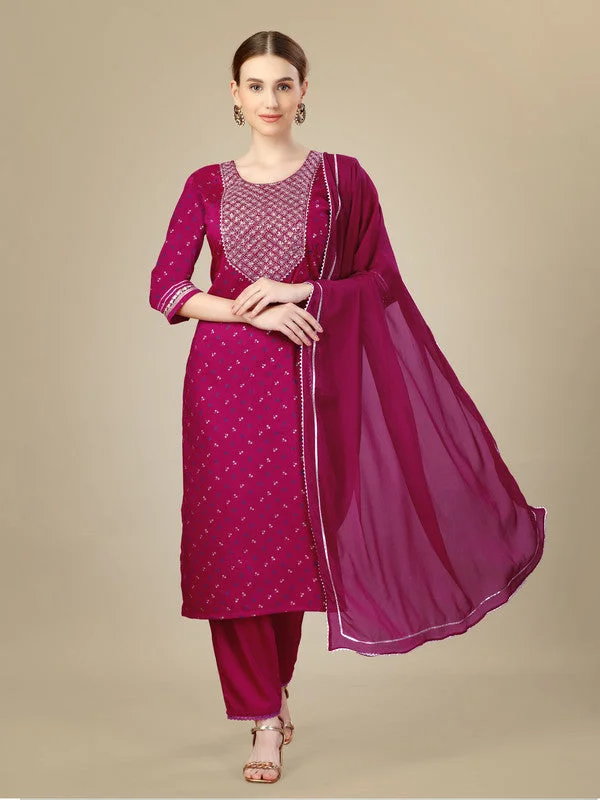 Women's Rani Pink Silk Blend Embroidery & Sequence Work Kurta With Trouser & Dupatta  (Stitched ) - Aastha Fashion Trousers Floral Bohemian