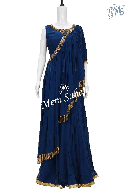 Crop Skirt Military Blue Georgette having Designer Dupatta with hangings velvet skirt plush