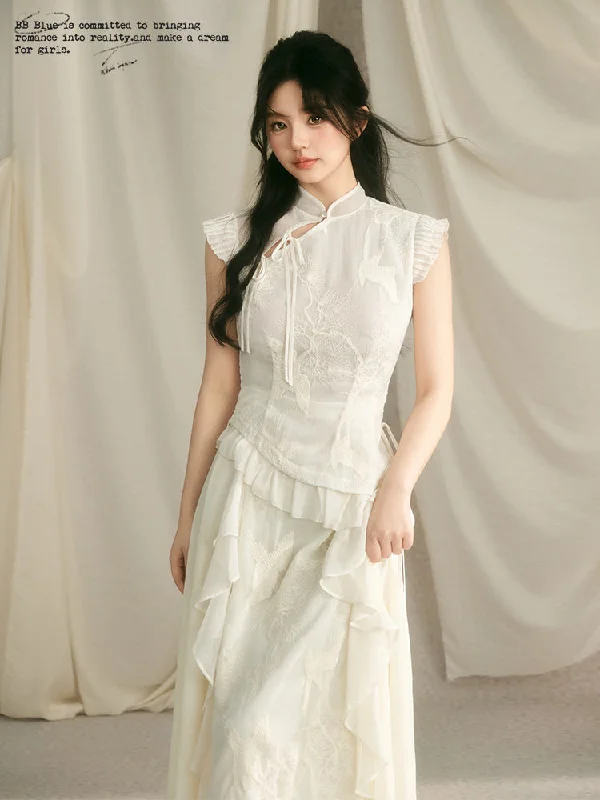 China Style Embroidered French Sleeve Top & Long Skirt BBB0066 denim skirt classic