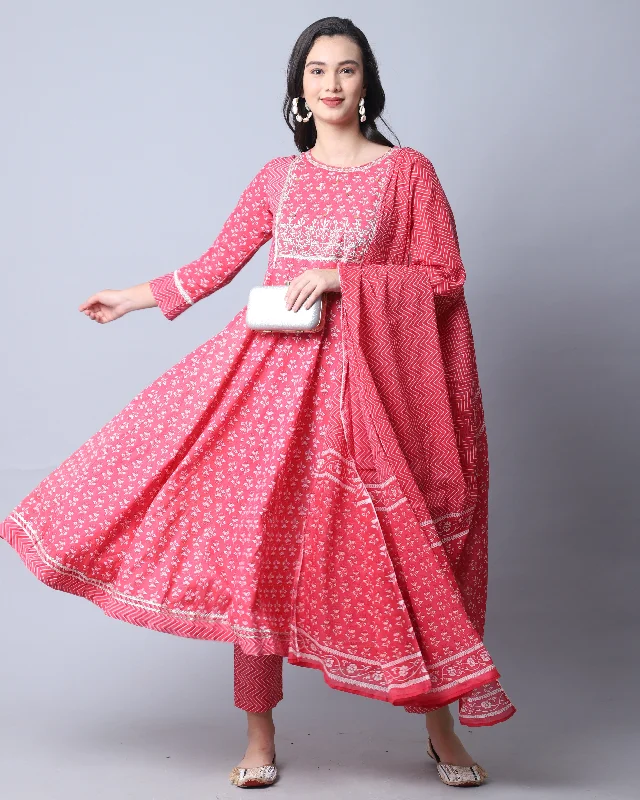 Women's Pink Cotton Embroidered Kurta With Trouser & Dupatta  (Semistitched (SKD) ) - Aastha Fashion Trousers Review Highly