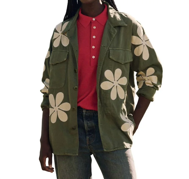 Daisy Applique Jacket In Classic Army Rayon Fabric Velvet Fabric Corduroy Fabric