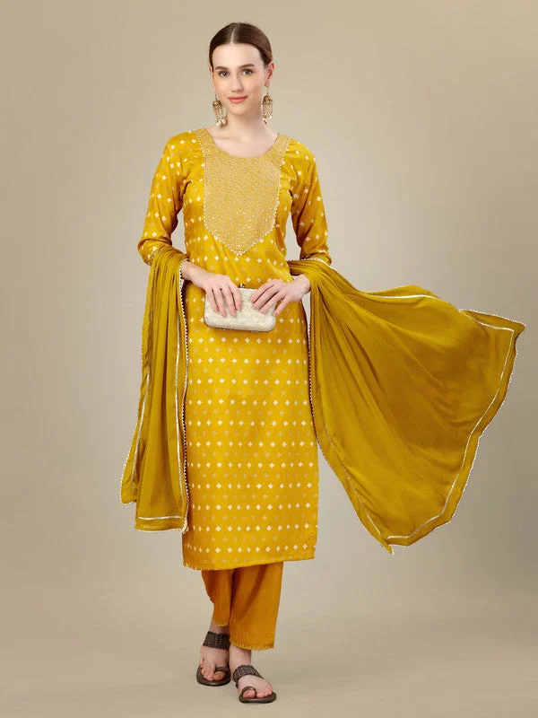 Women's Golden Silk Blend Embroidery & Sequence Work Kurta With Trouser & Dupatta  (Stitched ) - Aastha Fashion Trousers Velvet Soft