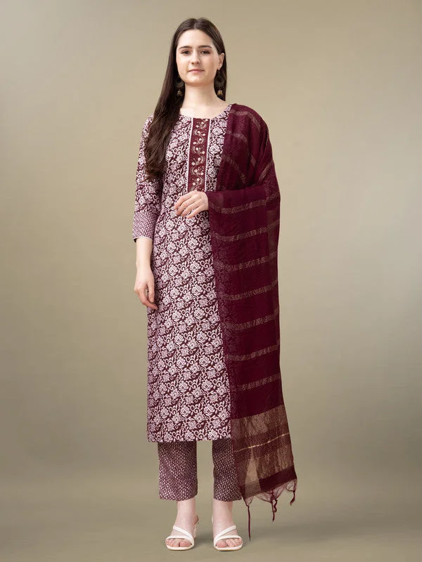 Women's Maroon Rayon Embroidery & Sequence Work Kurta With Trouser & Dupatta  (stitched 40 size, Alt 38 to 44 size) - Aastha Fashion Trousers cozy comfortable