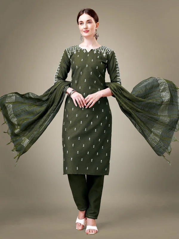 Women's Dark Green Cotton Blend Embroidery & Sequence Work Kurta With Trouser & Dupatta  (Stitched ) - Aastha Fashion Trousers Striped Patterned