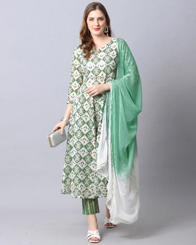 Women's Bottle Green Cotton Embroidered Kurta With Trouser & Dupatta  (Semistitched (SKD) ) - Aastha Fashion Trousers Recommended Stylist