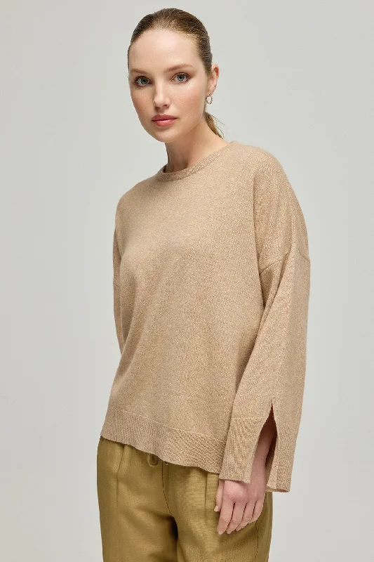 Sand Beige Cashmere Wool Romy Crew Neck Women's Sweater with Low-cut Back Detail Boat Neck Shawl Collar Notched Collar