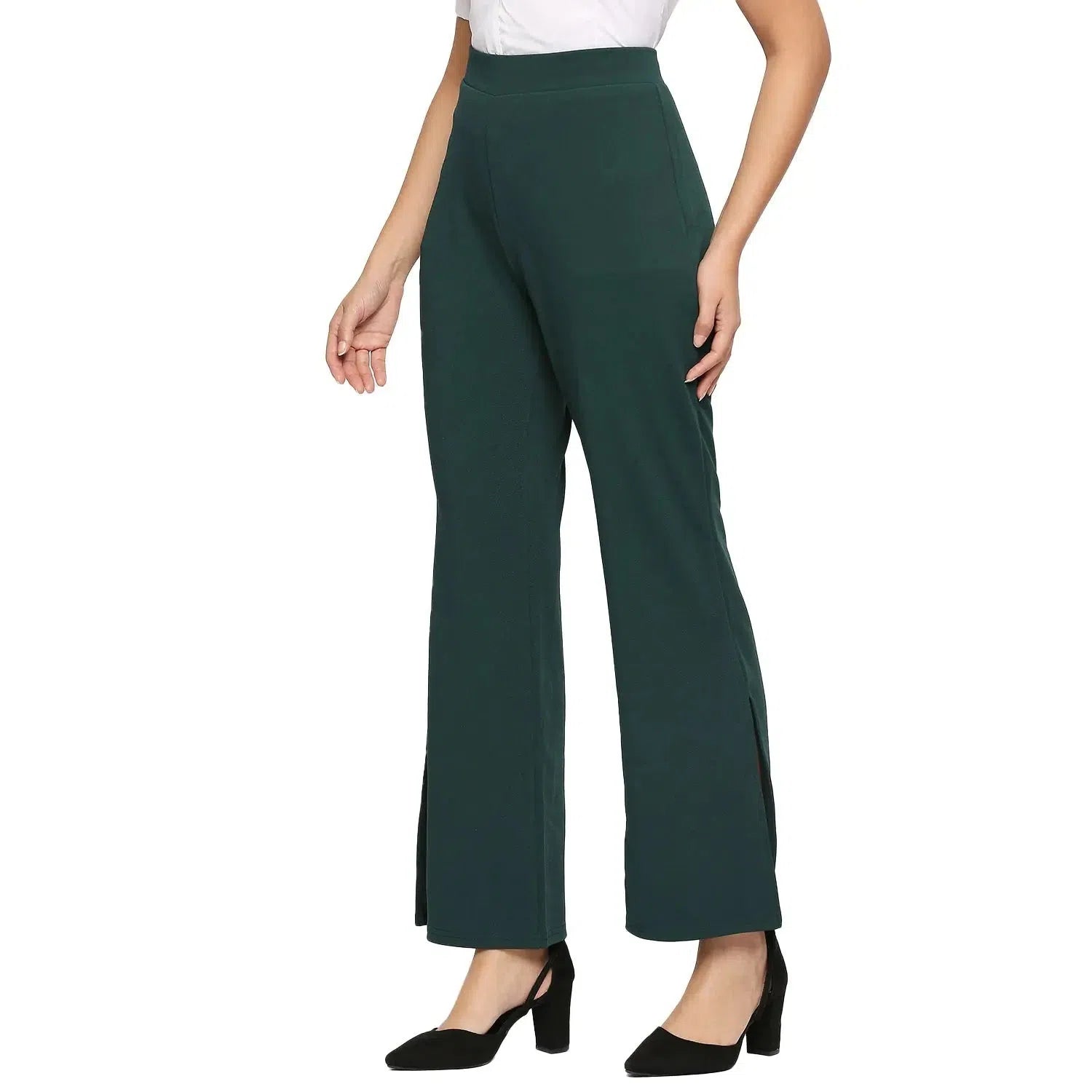 Smarty Pants Women's Polyester Lycra Slit Bell Bottom Bottle Green Formal Trouser Trousers fashionable trendy